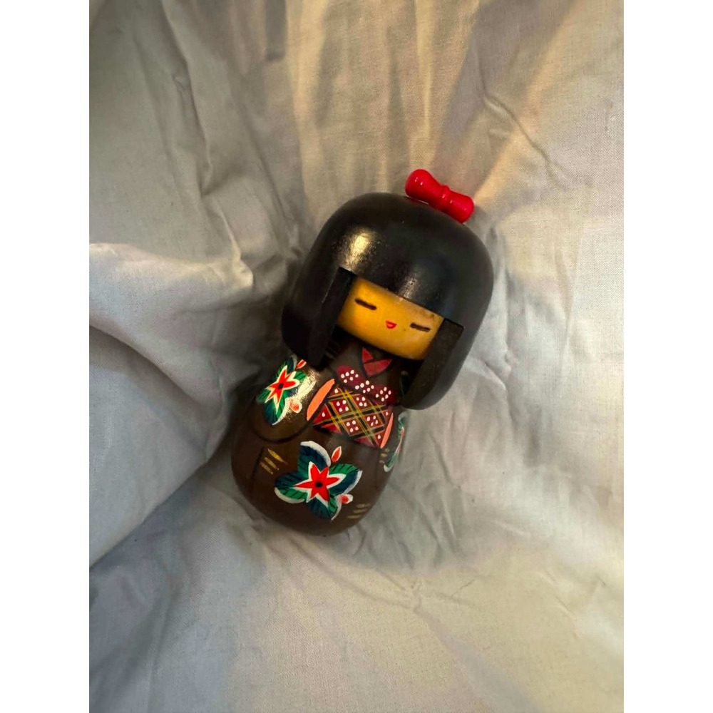 Vintage Japanese Wooden Kokeshi Doll Hand Painted Floral Kimono Sosaku Folk Art